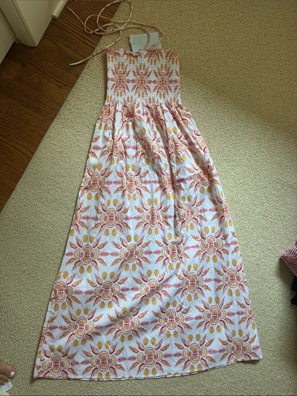 Hill House Smocked Maxi Dress in White with Pink & Yellow Floral Print